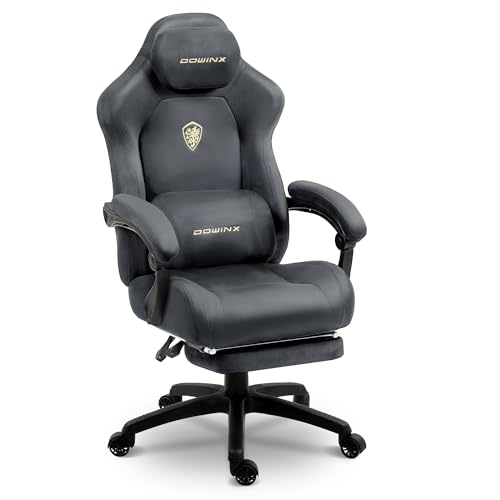 Dowinx Gaming Stuhl Ergonomisch mit Massage-Lendenkissen, Höhenverstellbare Kopfstütze, Verdicktes Sitzpolster, Ausziehbare Fußstütze, Verstellbare Armlehnen, Mikrofaser-Velours, 160° Neigbar, Grau von Dowinx