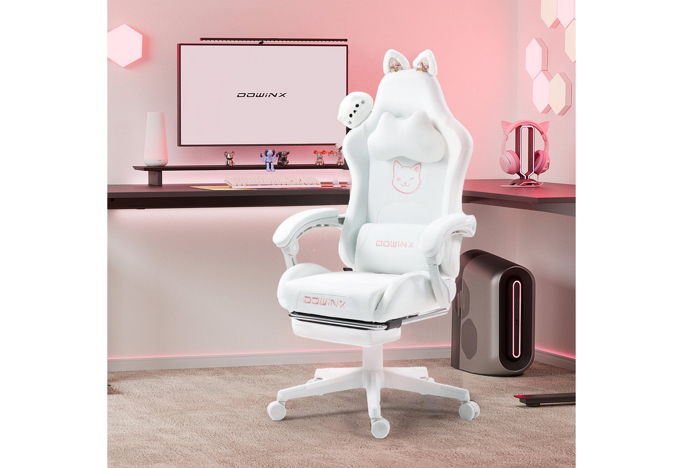 Dowinx Gaming-Stuhl Ergonomischer Computerstuhl mit Hoher Rückenlehne, Lendenwirbelstütze, PU-Leder, Fußstütze von Dowinx
