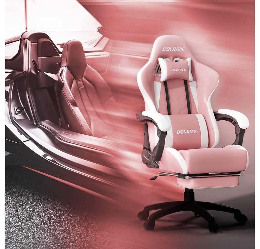 Dowinx Gaming-Stuhl Ergonomisches Design mit Lendenwirbelstütze und Fußstütze, Computer Bürostuhl Rückenlehne verstellbar Drehstuhl, Rosa von Dowinx