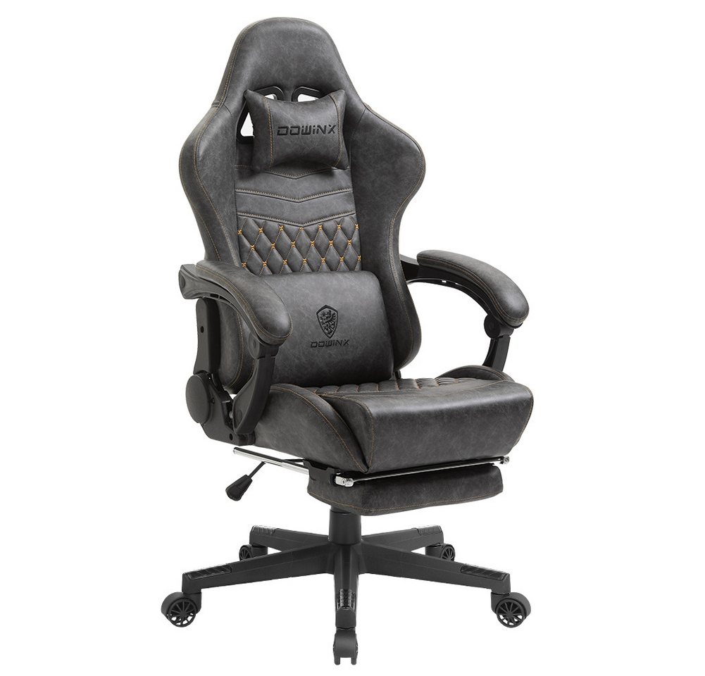 Dowinx Gaming-Stuhl Ergonomisches Design mit Massage Lendenwirbelstütze und Fußstütze, Rennsport-Stil PU-Leder hohen Rücken verstellbare Drehstuhl, Grau von Dowinx