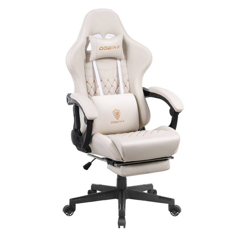 Dowinx Gaming-Stuhl Ergonomisches Design mit Massage Lendenwirbelstütze und Fußstütze, Rennsport-Stil PU-Leder hohen Rücken verstellbare Drehstuhl, Weiß von Dowinx