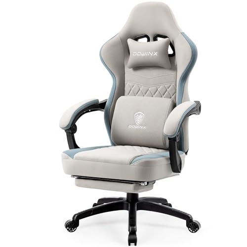 Dowinx Gaming Stuhl Stoff mit Gel-Pad, Massage Gaming Sessel mit Fußstütze, Ergonomischer PC Stuhl Gamer Stuhl mit Aufbewahrungstasche, Bürostuhl 150 kg Belastbarkeit, Grau von Dowinx