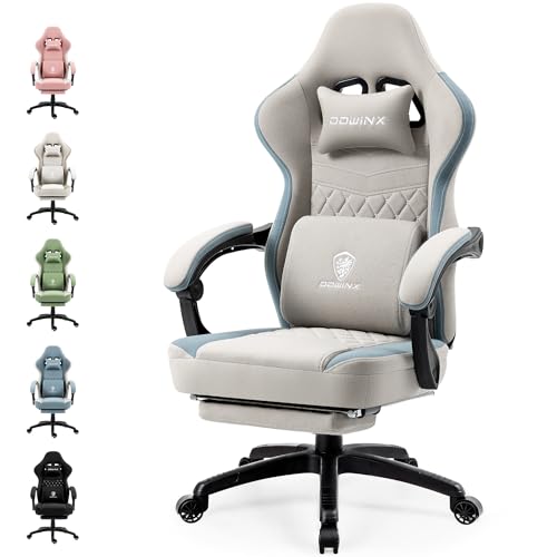 Dowinx Gaming Stuhl Stoff mit Gel-Pad, Massage Gaming Sessel mit Fußstütze, Ergonomischer PC Stuhl Gamer Stuhl mit Aufbewahrungstasche, Bürostuhl 150 kg Belastbarkeit, Grau von Dowinx