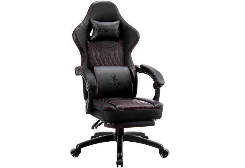 Dowinx Gaming-Stuhl Mit Federkissen, Massage-Lendenwirbelstütze Fußstütze, Rennspielsessel, Ergonomisches Design, PU-Leder, Schwarz von Dowinx