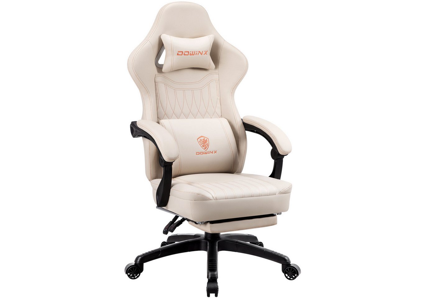 Dowinx Gaming-Stuhl Mit Federkissen, Massage-Lendenwirbelstütze Fußstütze, Rennspielsessel, Ergonomisches Design, PU-Leder, Weiß von Dowinx