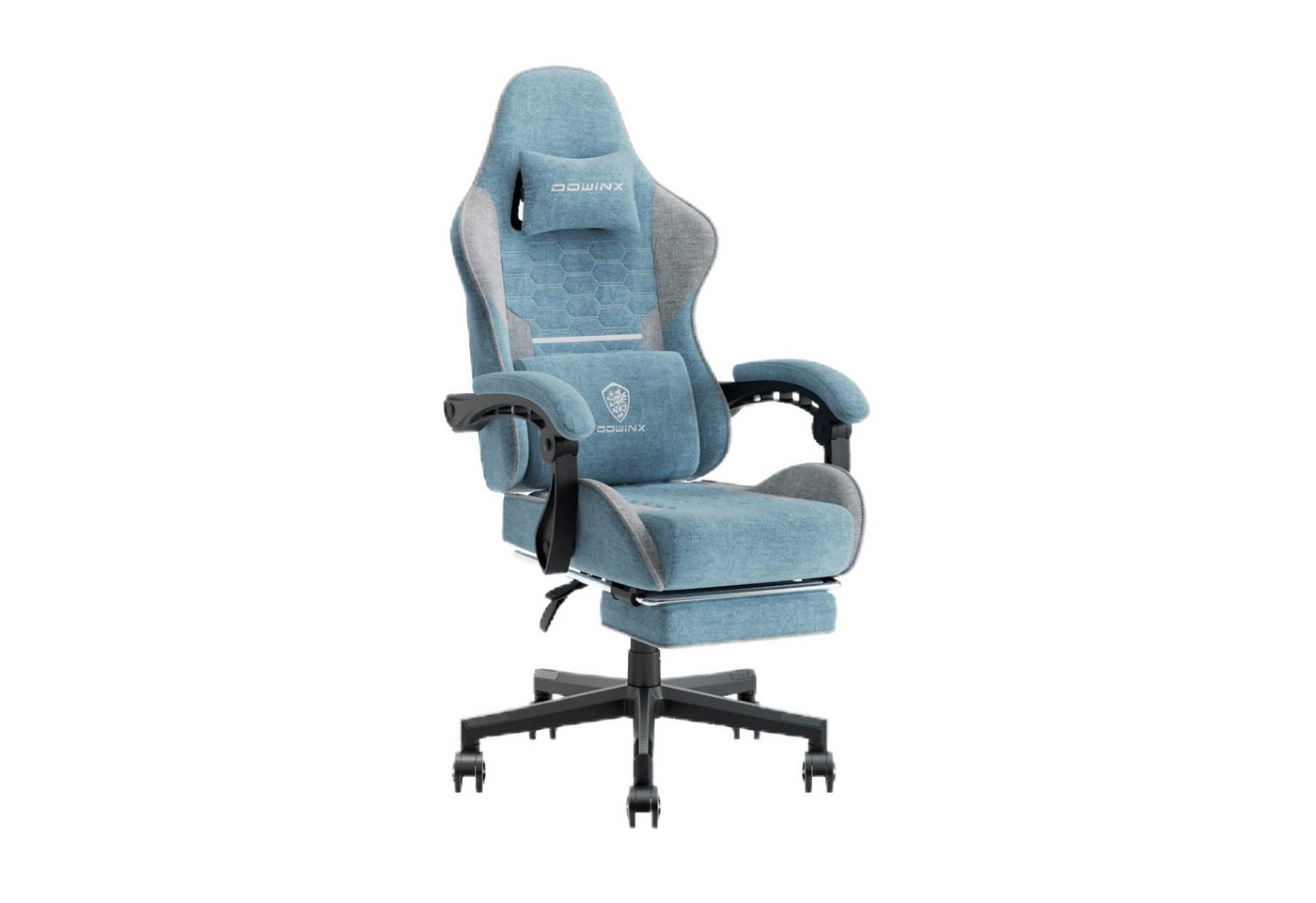 Dowinx Gaming-Stuhl Mit Stoff bezogenes Federkissen mit massierender Kopfstütze, ergonomisch, mit Fußstütze, Blau von Dowinx