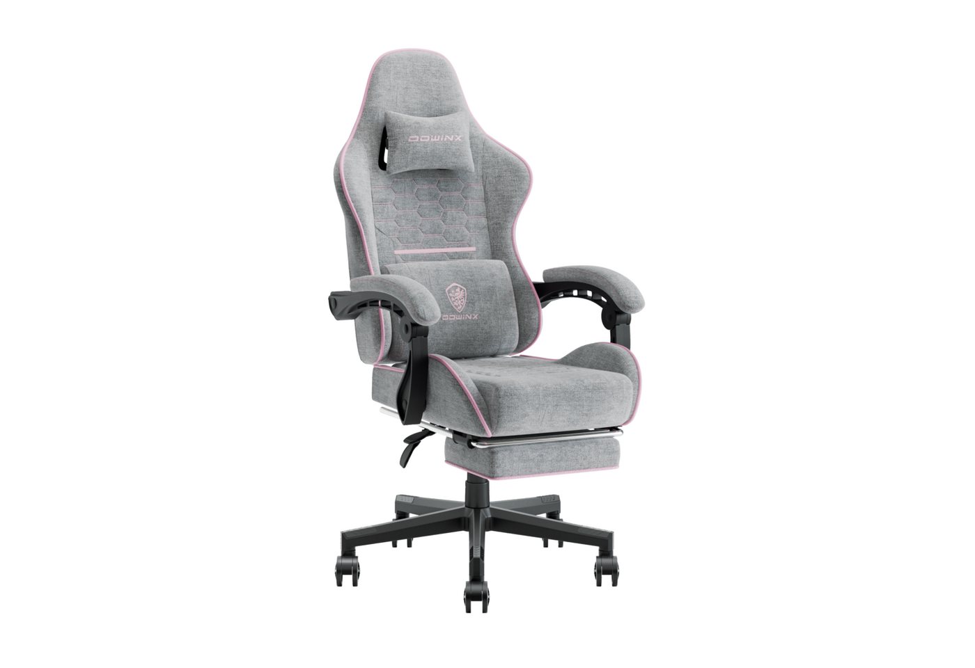 Dowinx Gaming-Stuhl Mit Stoff bezogenes Federkissen mit massierender Kopfstütze, ergonomisch, mit Fußstütze, Grau von Dowinx