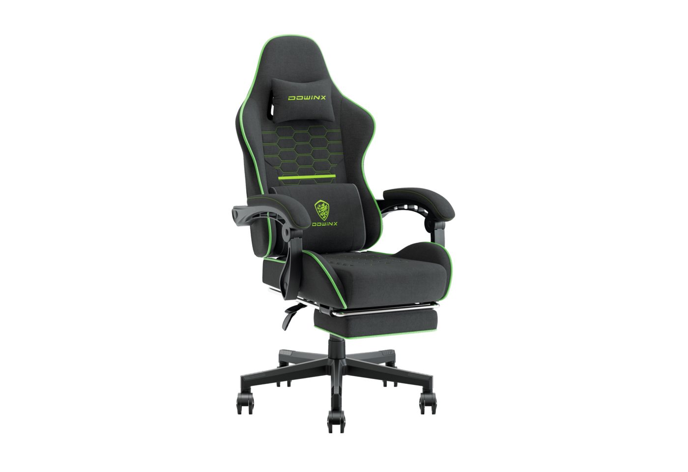 Dowinx Gaming-Stuhl Mit Stoff bezogenes Federkissen mit massierender Kopfstütze, ergonomisch, mit Fußstütze, Grün von Dowinx