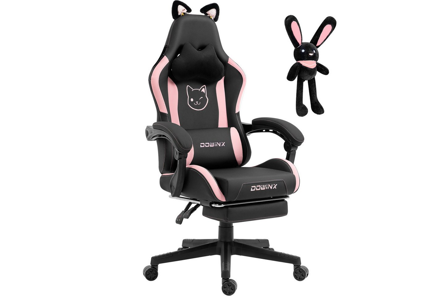 Dowinx Gaming-Stuhl Niedliche Katzenversion, PU-Leder, ergonomisches Design, mit hoher Rückenlehne und Lendenwirbelstütze und Fußstütze, Schwarz von Dowinx