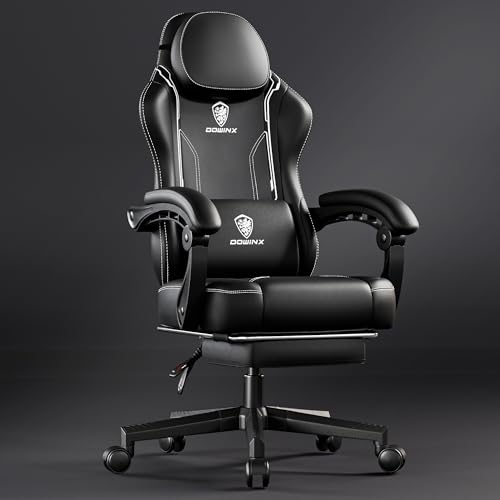 Dowinx Gaming Stuhl Racing Gamer Stuhl, Ergonomischer Gamer Stuhl Gamer Chair mit Lendenwirbelstütze, Gaming Chair PU Leder PC-Stuhl Verbreiterte Rückenlehne 150KG, Schwarz von Dowinx
