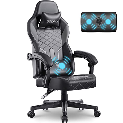 Dowinx Gaming Stuhl Racing Gamer Stuhl mit Frühling Kissen, Ergonomischer Gaming Sessel mit Massage, Bürostuhl PU Leder PC-Stuhl Verbreiterte Rückenlehne 150KG (Schwarz Grau) von Dowinx