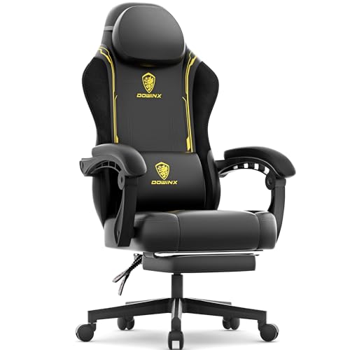 Dowinx Gaming Stuhl Racing Gamer Stuhl mit Frühling Kissen, Ergonomischer Gaming Sessel mit Massage Lendenwirbelstütze, Bürostuhl PU Leder PC-Stuhl Verbreiterte Rückenlehne 150KG, Schwarz gelb von Dowinx