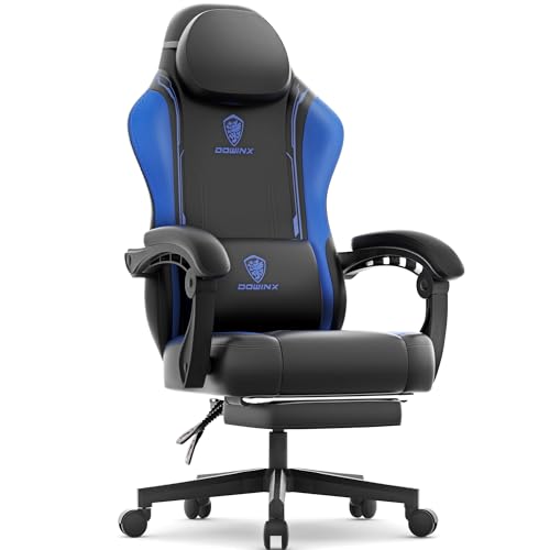 Dowinx Gaming Stuhl Racing Gamer Stuhl mit Frühling Kissen, Ergonomischer Gaming Sessel mit Massage Lendenwirbelstütze, Bürostuhl PU Leder PC-Stuhl Verbreiterte Rückenlehne 150KG, blau von Dowinx