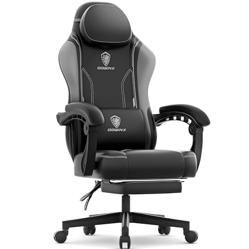 Dowinx Gaming Stuhl Racing Gamer Stuhl mit Frühling Kissen, Ergonomischer Gaming Sessel mit Massage Lendenwirbelstütze, Bürostuhl PU Leder PC-Stuhl Verbreiterte Rückenlehne 150KG, grau von Dowinx