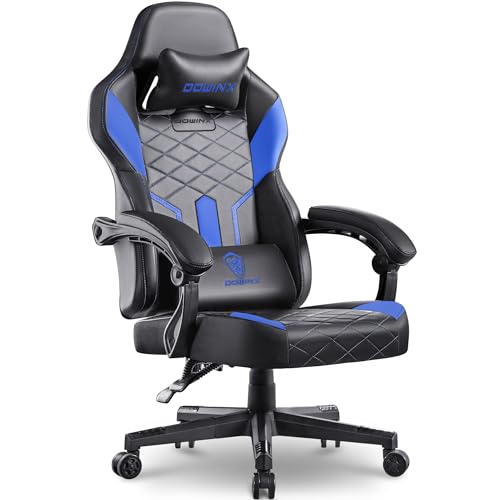 Dowinx Gaming Stuhl Racing Gamer Stuhl mit Frühling Kissen, Ergonomischer Gaming Sessel mit Lendenwirbelstütze, Bürostuhl PU Leder PC-Stuhl Verbreiterte Rückenlehne 150KG (Schwarz Blau) von Dowinx