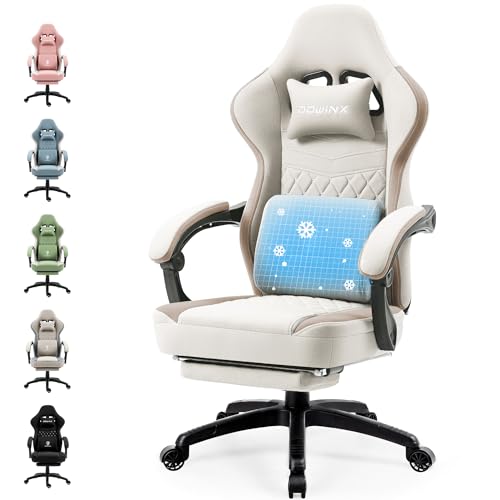 Dowinx Gaming Stuhl Stoff, Massage Gaming Sessel mit Fußstütze, Ergonomischer PC Stuhl Gamer Stuhl Bürostuhl 150 kg belastbarkeit, Beige von Dowinx