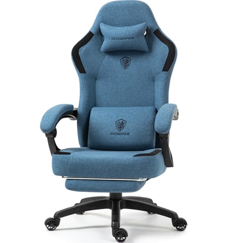 Dowinx Gaming Stuhl Stoff mit Frühling Kissen, Massage Gaming Sessel mit Fußstütze, Ergonomischer PC Stuhl Gamer Stuhl Bürostuhl 150 kg Belastbarkeit, Blau von Dowinx