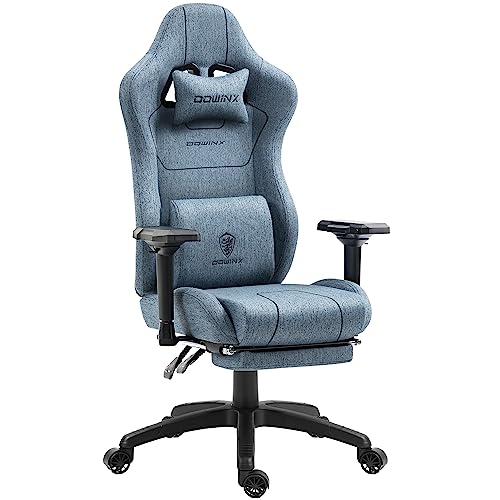 Dowinx Gaming Stuhl Stoff mit Taschenfederkissen, Ergonomischer Gaming Sessel mit Massagefunktion, PC Bürostuhl Groß und Hoch mit Fußstützen XXL, Blau von Dowinx