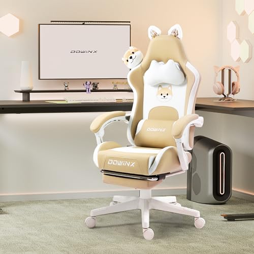 Dowinx Gaming Stuhl - Süße Hund Edition - Ergonomischer Computerstuhl mit Hoher Rückenlehne und Lendenwirbelstütze, PU-Leder, Fußstütze, Hund von Dowinx
