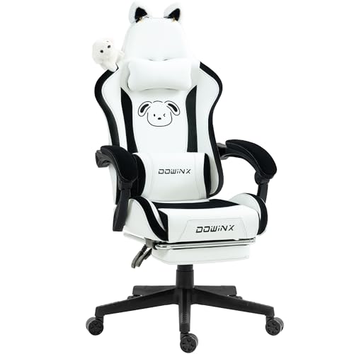 Dowinx Gaming Stuhl - Süße Hund Edition - Ergonomischer Computerstuhl mit Hoher Rückenlehne und Lendenwirbelstütze, PU-Leder, Fußstütze, Weiße Hund von Dowinx