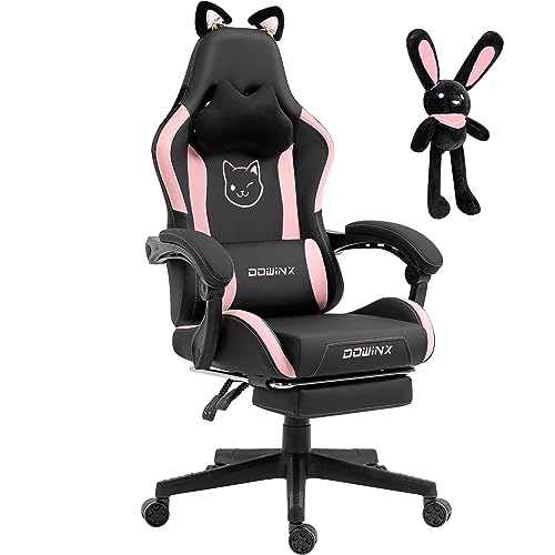 Dowinx Gaming Stuhl - Süße Katze Edition - Ergonomischer Computerstuhl mit Hoher Rückenlehne und Lendenwirbelstütze, PU-Leder, Fußstütze, Schwarz von Dowinx