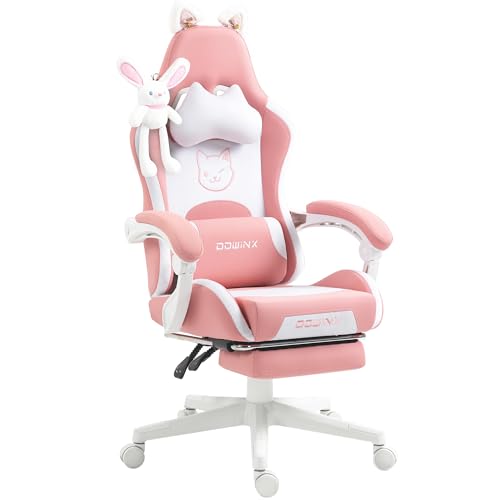 Dowinx Gaming Stuhl - Süße Katze Edition - Ergonomischer Computerstuhl mit Hoher Rückenlehne und Lendenwirbelstütze, PU-Leder, Fußstütze,Rosa von Dowinx