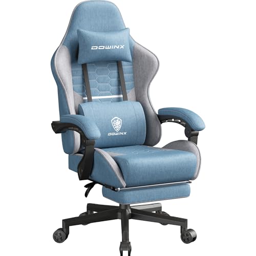 Dowinx Gaming Stuhl Tasche Frühling Kissen, Atmungsaktiver Bürostuhl aus Hochwertigem Stoff, Ergonomischer PC-Stuhl mit Kopfstütze, Drehbarer Schreibtischstuhl mit Fußstütze (Blau) von Dowinx