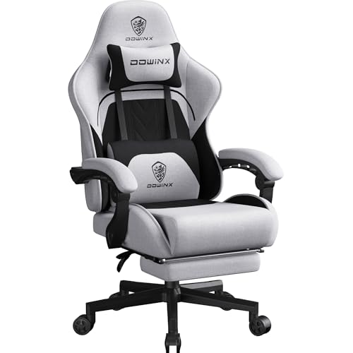 Dowinx Gaming Stuhl Tasche Frühling Kissen, Atmungsaktiver Bürostuhl aus Hochwertigem Stoff, Ergonomischer PC-Stuhl mit Kopfstütze, Drehbarer Schreibtischstuhl mit Fußstütze (Schwarz und Grau) von Dowinx