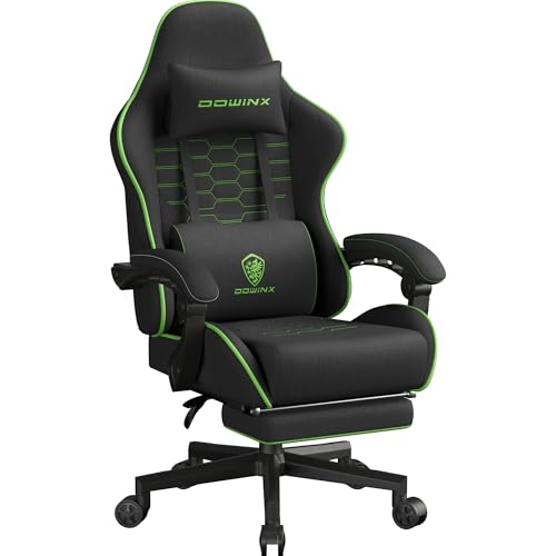Dowinx Gaming Stuhl Tasche Frühling Kissen, Atmungsaktiver Bürostuhl aus Hochwertigem Stoff, Ergonomischer PC-Stuhl mit Kopfstütze, Drehbarer Schreibtischstuhl mit Fußstütze (Schwarz und Grün) von Dowinx
