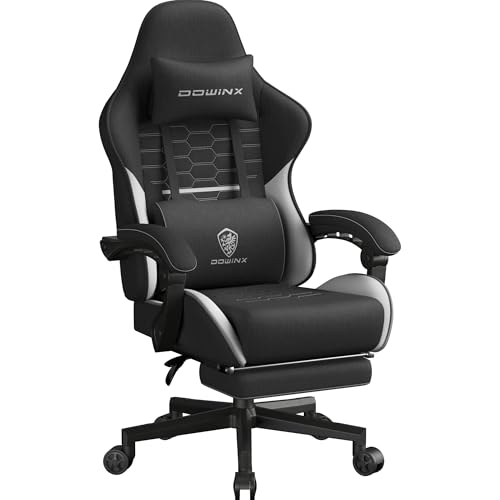 Dowinx Gaming Stuhl Tasche Frühling Kissen, Atmungsaktiver Bürostuhl aus Hochwertigem Stoff, Ergonomischer PC-Stuhl mit Kopfstütze, Drehbarer Schreibtischstuhl mit Fußstütze (Schwarz und Weiß) von Dowinx