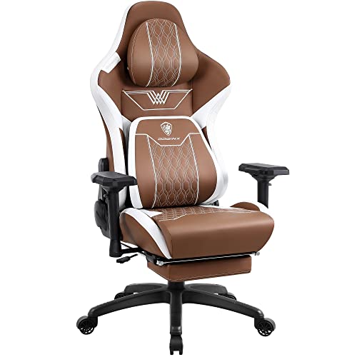 Dowinx Gaming Stuhl mit 4D-Armlehnen, Ergonomischer Gamer Stuhl mit Fußstütze Bürostuhl PU Leder, Bequeme Lordosenstütze Groß und hoch Gaming Sessel 180KG Braun von Dowinx