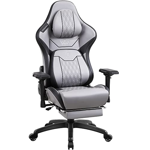 Dowinx Gaming Stuhl mit 4D-Armlehnen, Ergonomischer Gamer Stuhl mit Fußstütze Bürostuhl PU Leder, Bequeme Lordosenstütze Groß und hoch Gaming Sessel 180KG Grau von Dowinx