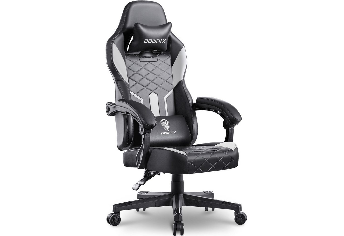 Dowinx Gaming-Stuhl mit Federkissen und Lendenwirbelstütze, ergonomisches Design, PU-Leder, breitere Rückenlehne, schwarz und weiß von Dowinx