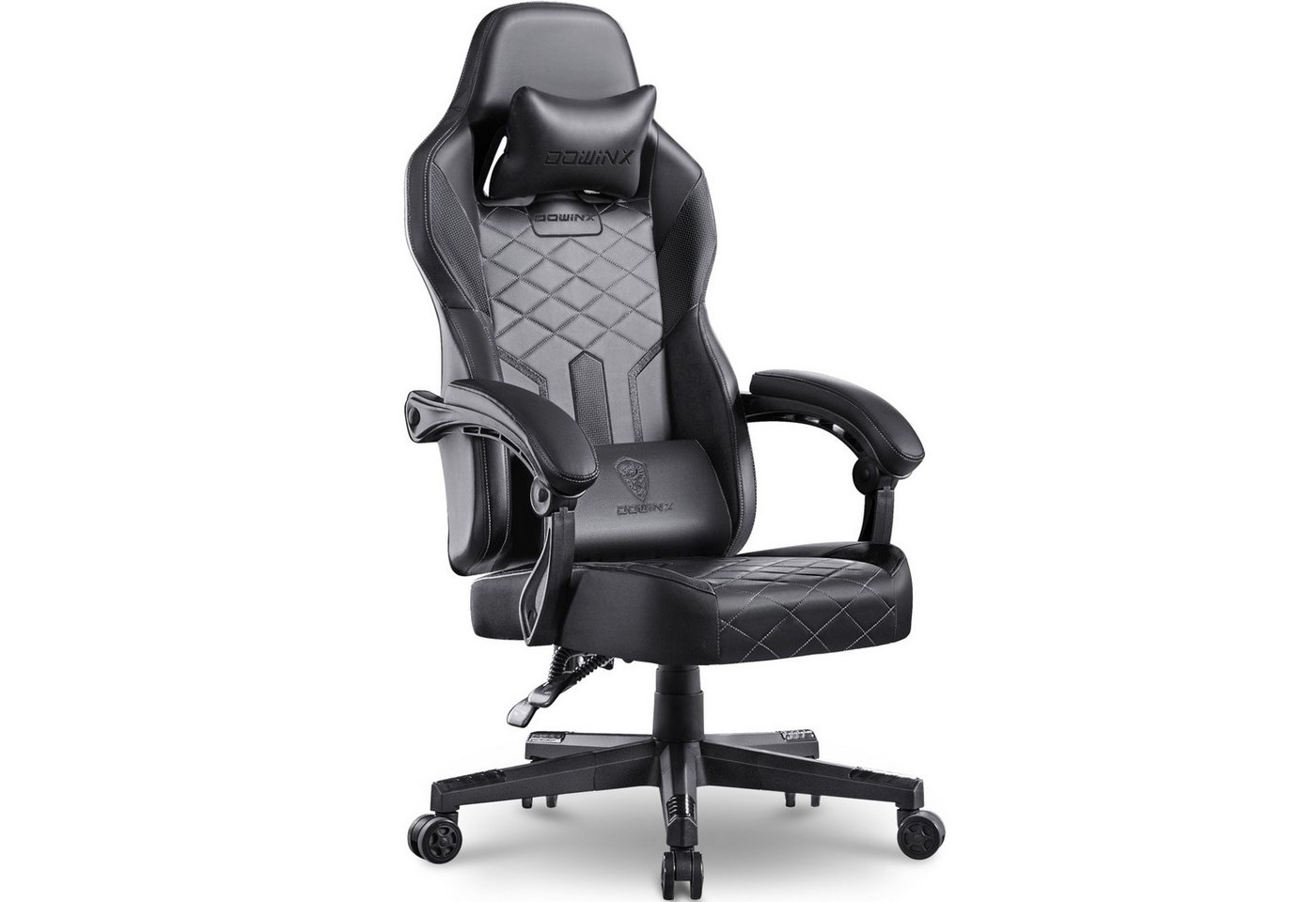Dowinx Gaming-Stuhl mit Federkissen und Lendenwirbelstütze, ergonomisches Design, PU-Leder, breitere Rückenlehne, schwarz von Dowinx