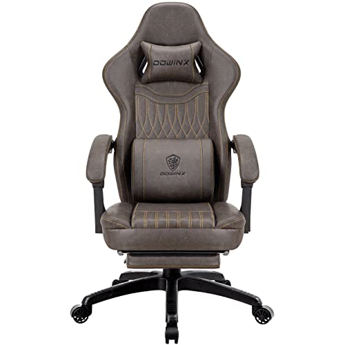 Dowinx Gaming Stuhl mit Federkissen & Massagefunktion, Hoher Racing Bürostuhl mit Verstellbarer Lendenstütze, Ergonomischer PC Stuhl mit Fußstütze in PU Leder (Braun) von Dowinx