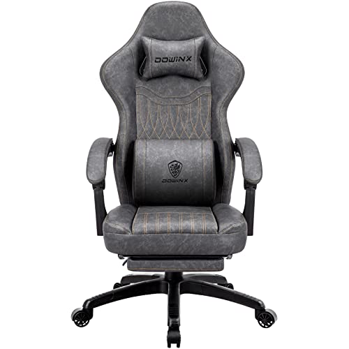 Dowinx Gaming Stuhl mit Federkissen & Massagefunktion, Hoher Racing Bürostuhl mit Verstellbarer Lendenstütze, Ergonomischer PC Stuhl mit Fußstütze in PU Leder (Gray) von Dowinx