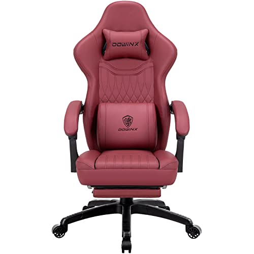 Dowinx Gaming Stuhl mit Federkissen & Massagefunktion, Hoher Racing Bürostuhl mit Verstellbarer Lendenstütze, Ergonomischer PC Stuhl mit Fußstütze in PU Leder (Rot) von Dowinx
