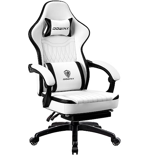Dowinx Gaming Stuhl mit Federkissen & Massagefunktion, Hoher Racing Bürostuhl mit Verstellbarer Lendenstütze, Ergonomischer PC Stuhl mit Fußstütze in PU Leder (Schwarz Weiß) von Dowinx