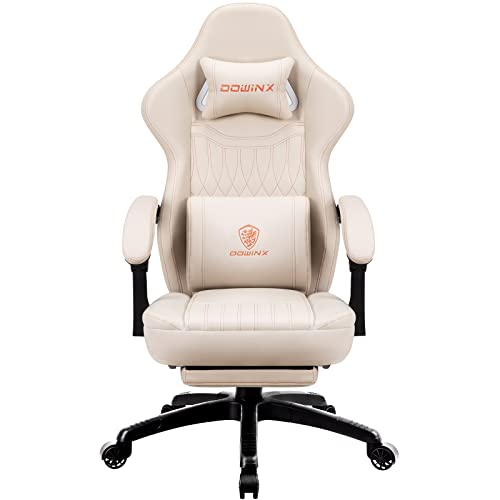 Dowinx Gaming Stuhl mit Federkissen & Massagefunktion, Hoher Racing Bürostuhl mit Verstellbarer Lendenstütze, Ergonomischer PC Stuhl mit Fußstütze in PU Leder (Weiß) von Dowinx