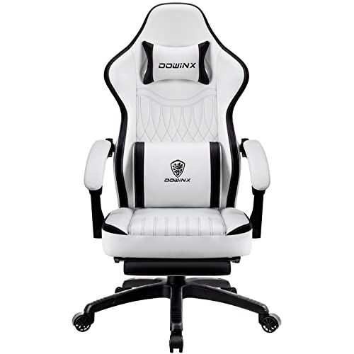 Dowinx Gaming Stuhl mit Frühling Kissen,Racing Gamer Stuhl mit Massage Lendenwirbelstütze, Ergonomischer Gaming Sessel mit Fußstütze Bürostuhl PU Leder Schwarz Weiß von Dowinx