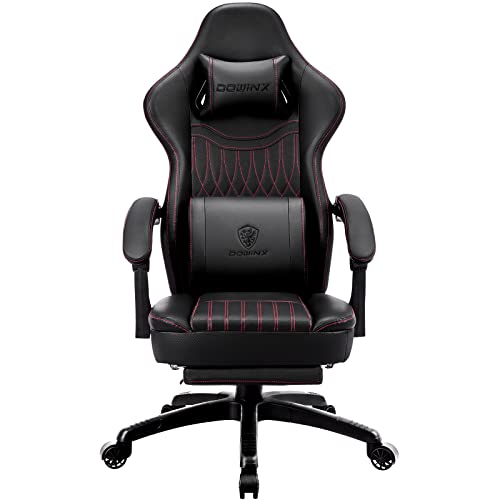 Dowinx Gaming Stuhl mit Frühling Kissen,Racing Gamer Stuhl mit Massage Lendenwirbelstütze, Ergonomischer Gaming Sessel mit Fußstütze Bürostuhl PU Leder Schwarz von Dowinx