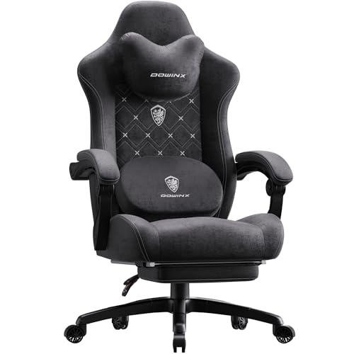 Dowinx Gaming Stuhl mit Massagefunktion, Gaming Stühle Ergonomisch mit Fußstütze, Gaming-Stuhl mit Stoffbezug, Lendenkissen und Kopfstütze, 200kg belastbarkeit, Schwarz von Dowinx