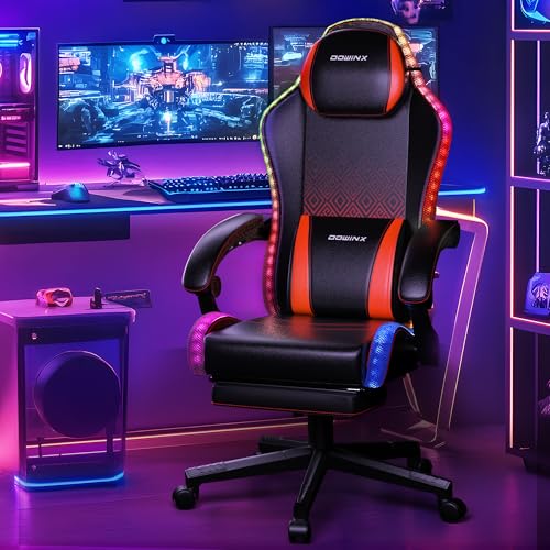 Dowinx Gaming Stuhl mit RGB Lichtern, LED Gaming Stuhl mit Fußstütze für Erwachsene, Ergonomischer Gaming Stuhl mit Massage Lendenwirbelstütze, Video Game Stuhl PU Leder Rot Dowinx Gaming Stuhl mit RGB Lichtern, LED Gaming Stuhl mit Fußstütze für Erwachsene, Ergonomischer Gaming Stuhl mit Massage Lendenwirbelstütze, Video Game Stuhl PU Leder Rot von Dowinx