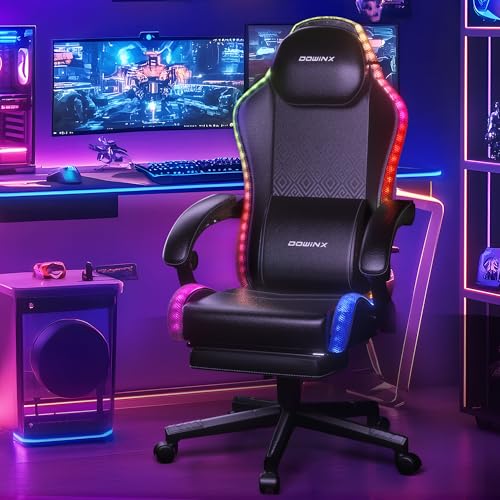 Dowinx Gaming Stuhl mit RGB Lichtern, LED Gaming Stuhl mit Fußstütze für Erwachsene, Ergonomischer Gaming Stuhl mit Massage Lendenwirbelstütze, Video Game Stuhl PU Leder Schwarz von Dowinx