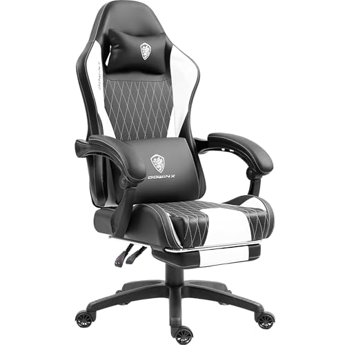 Dowinx Gaming Stuhl mit Taschenfederkissen, Massage-Gaming Stuhl aus Leder mit Kopfstütze, Ergonomischer Computerstuhl mit Fußstütze 290LBS, Weiß von Dowinx