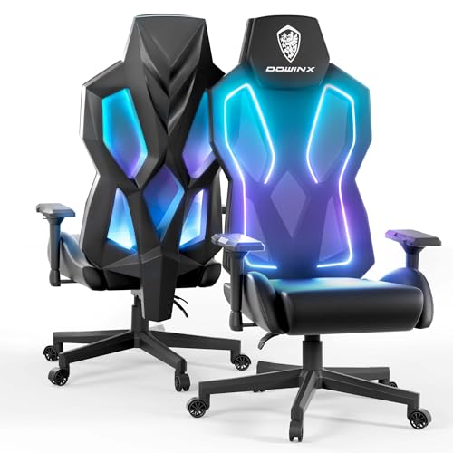 Dowinx LED Gaming Stuhl mit 4D-Armlehnen, RGB Ergonomischer Gamer Stuhl PU Leder, Video Gaming Sessel mit Verstellbarer Lendenwirbelstütze, Computerstuhl für Erwachsene, Schwarz von Dowinx