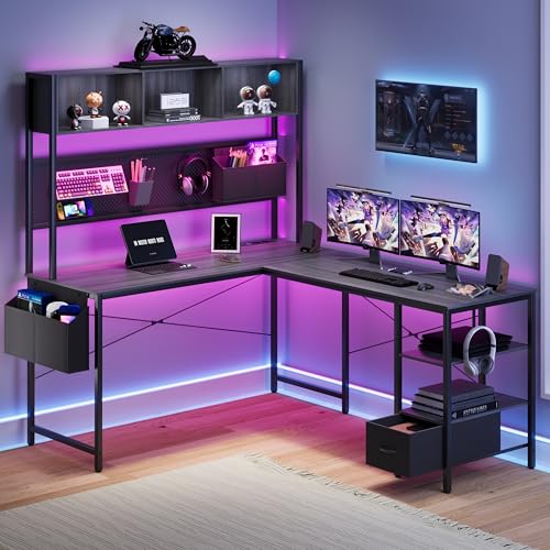 Dowinx LED Gaming Tisch, L-förmiger Schreibtisch mit Stecktafel und Stauraum, Umkehrbarer Computertisch mit Steckdosen und USB, Büro-Eckschreibtisch für Heimspiel Grau, 120x148cm von Dowinx