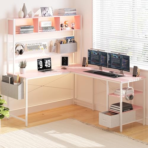 Dowinx LED Gaming Tisch, L-förmiger Schreibtisch mit Stecktafel und Stauraum, Umkehrbarer Computertisch mit Steckdosen und USB, Büro-Eckschreibtisch für Heimspiel Rosa, 120x148cm von Dowinx