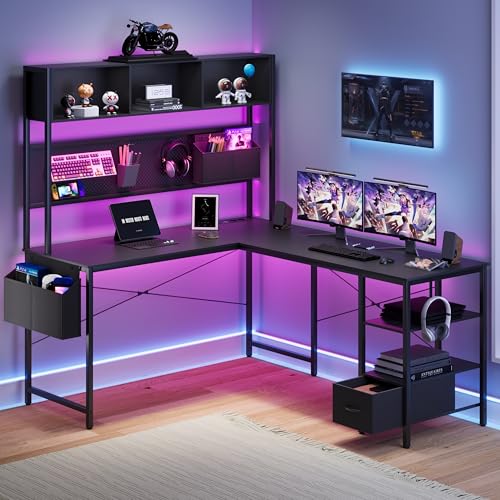 Dowinx LED Gaming Tisch, L-förmiger Schreibtisch mit Stecktafel und Stauraum, Umkehrbarer Computertisch mit Steckdosen und USB, Büro-Eckschreibtisch für Heimspiel Schwarz, 148x120cm von Dowinx