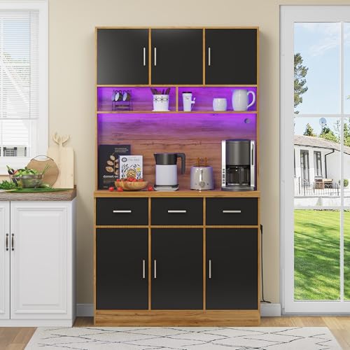 100x40x180cm, multifunktionales Buffet mit LED-Beleuchtung mit Fernbedienung, Schubladen, verstellbaren Einlegeböden, Kabelführungslöchern und Steckdosen (Naturfarbene Schrank + Schwarzer Türen) von Doyisy